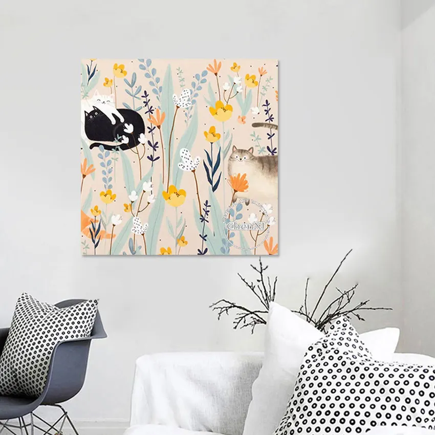 

Настенная картина с изображением кошек, играющих в парке, большого размера, Акриловая картина с цветами, абстрактные картины на холсте без рамы