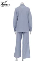 Oymimi Casual Dark Blue Print Women's Two Pieces Set Elegant Long Sleeve Button Shirt And Low Waist Straight Trousers Female Set - Image 6