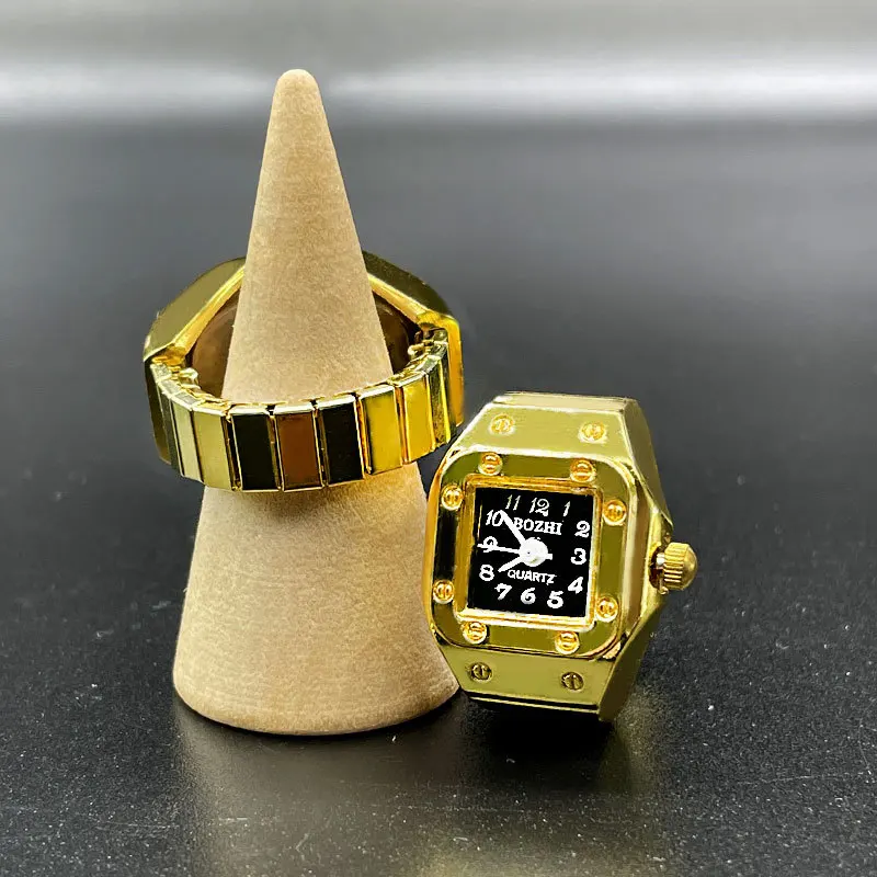 2025 Fashion Style Kiss Pink Style Jewelry Gold Pairing Mini Finger Square Round Dial Quartz Watch Gift Ring_voghion.com