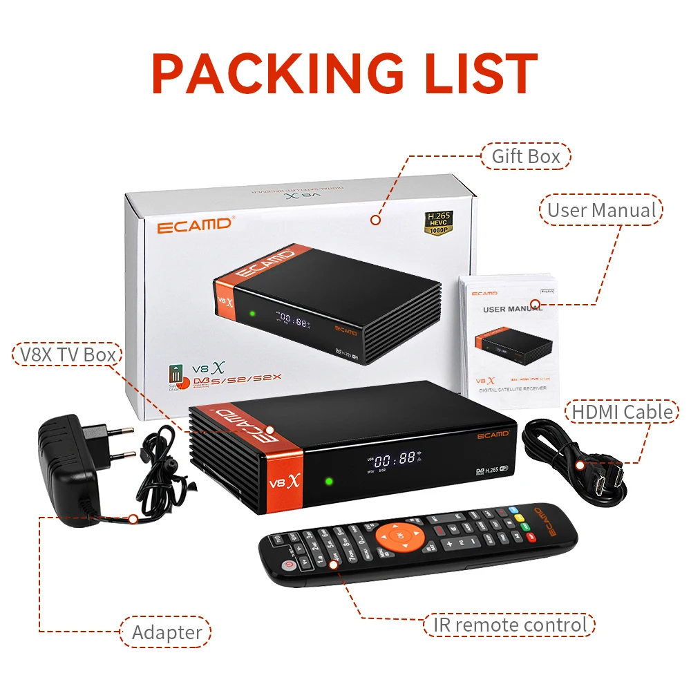 ECAMD V8X Satellite TV Receivers DVB S/S2/S2X 1080P HD Built-in 2.4G WIFI CA Card Slot 2.4G Wifi V8 Nova upgrade GT MEDIA V8X satellite tv receiver