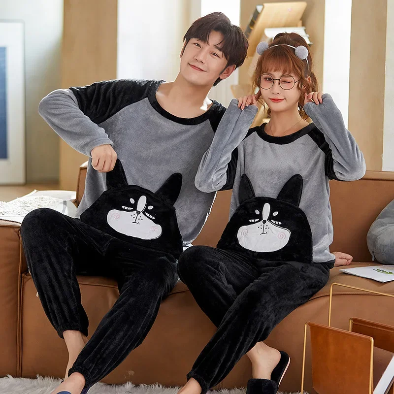 

Autumn Winter Women Pajamas Warm Flannel Pajamas Set Couple Sleepwear Family Pijama Lover Night Men Women Casual Couple Homewear