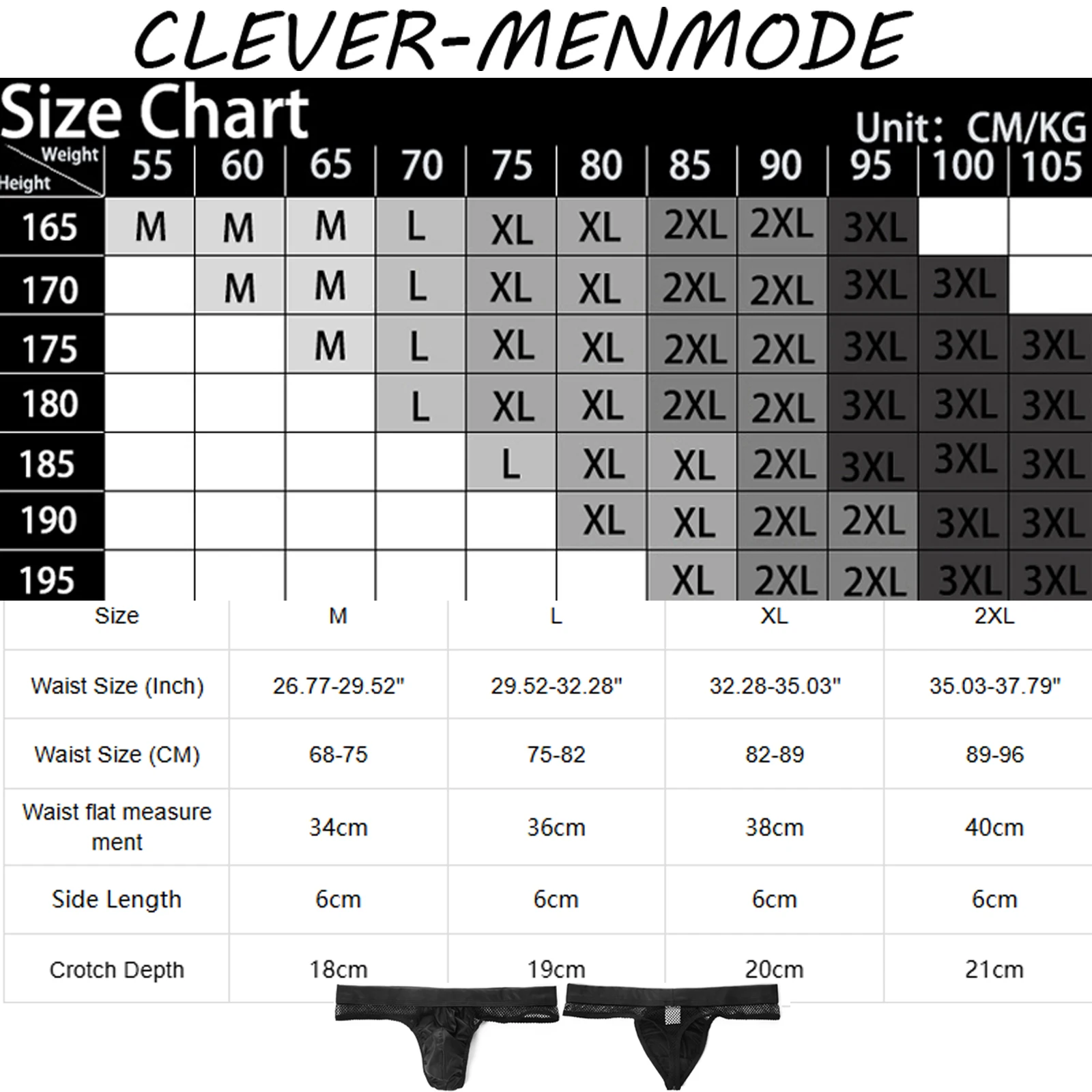 Men's Faux Leather Transparent G-String Hip-Baring Lingerie size chart