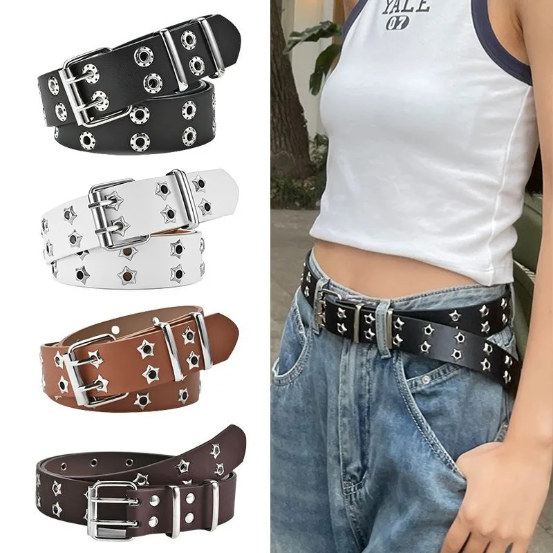 

Hot Star Eye Rivet Belt Goth Style Double Pin Buckle Man Woman Fashion Casual Punk Style Pu Leather Waistband for Jeans Y2K Belt