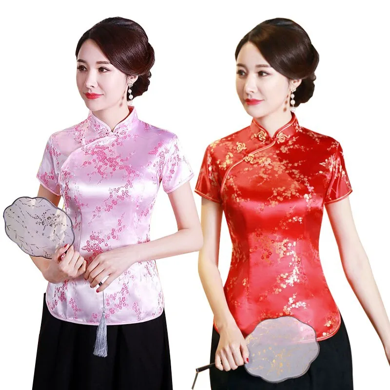 Plus Size Chinese Style Female Shirt Retro Mandarin Collar Brocade Oriental Clothing Spring Summer Classic Blouse Women Chinese Shirt