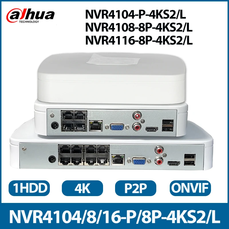 Dahua 보안 보호 네트워크 비디오 녹음기, NVR4104-P-4KS2/L NVR4108-8P-4KS2/L NVR4116-8P-4KS2/L 4/8/16 채널, 4K Onvif