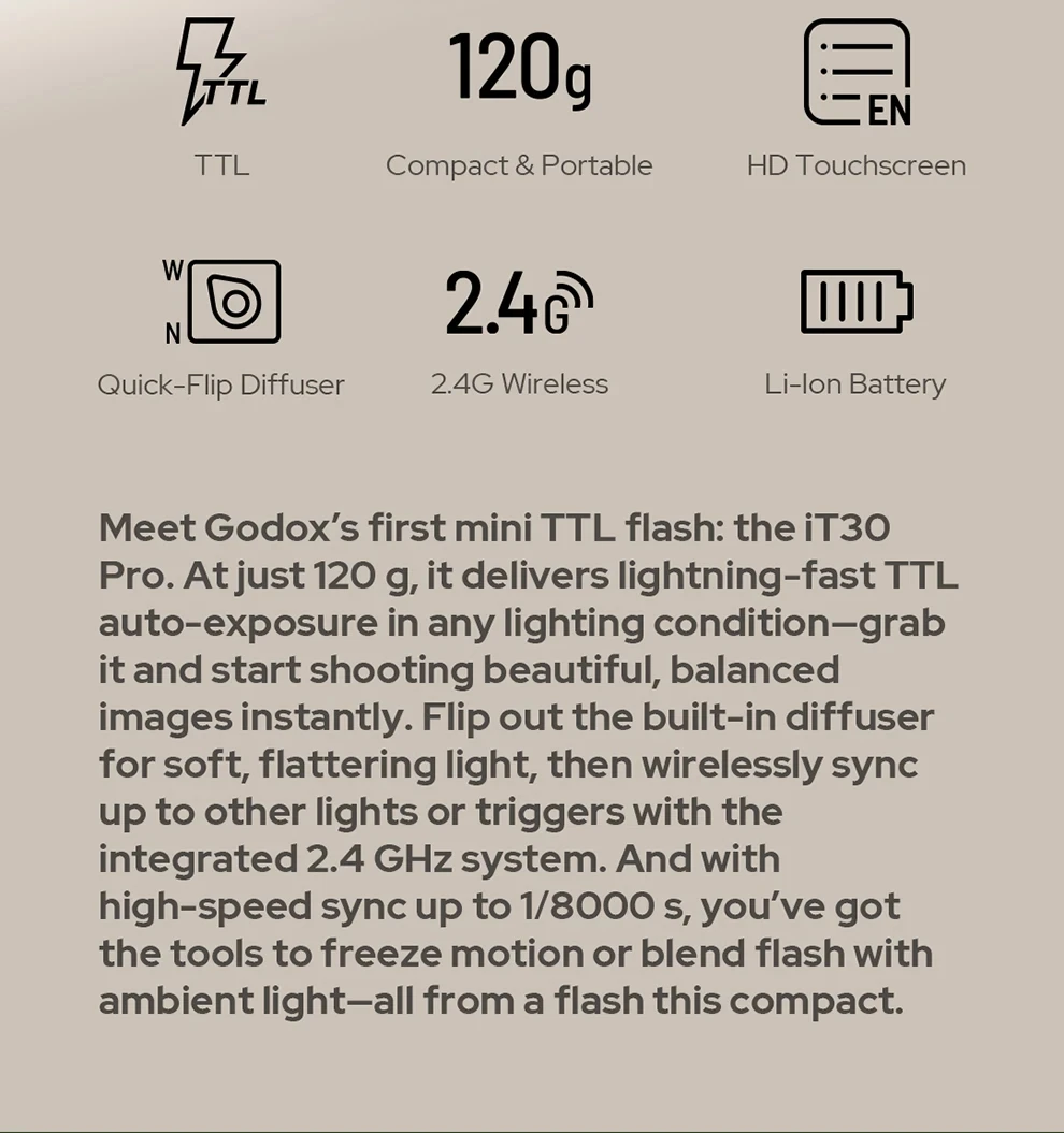 Godox iT30Pro iT20 iT22 C/N/S/F/O Touchscreen Pocket Flash TTL 2.4G Wireless Cam