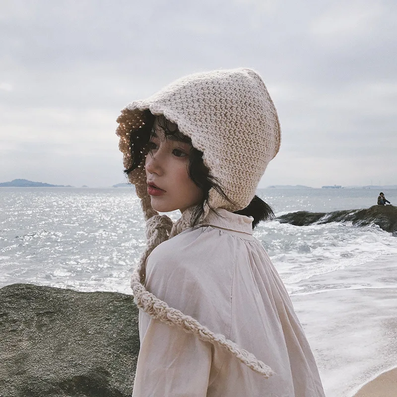 Y2K Autumn and Winter Lace Knit Women's Thunder Feng Hat Japanese Cute Band-brim Woolen Cap Sen Knitted Hat Streetwear 2