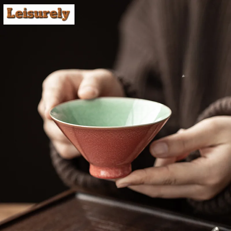 120ml Kiln Fambe Cowpea Red Bamboo Hat Teacup Handmade Tea Bowl Jug Tea-tasting Smelling Cup Chazhan Master Cups For Tea Craft