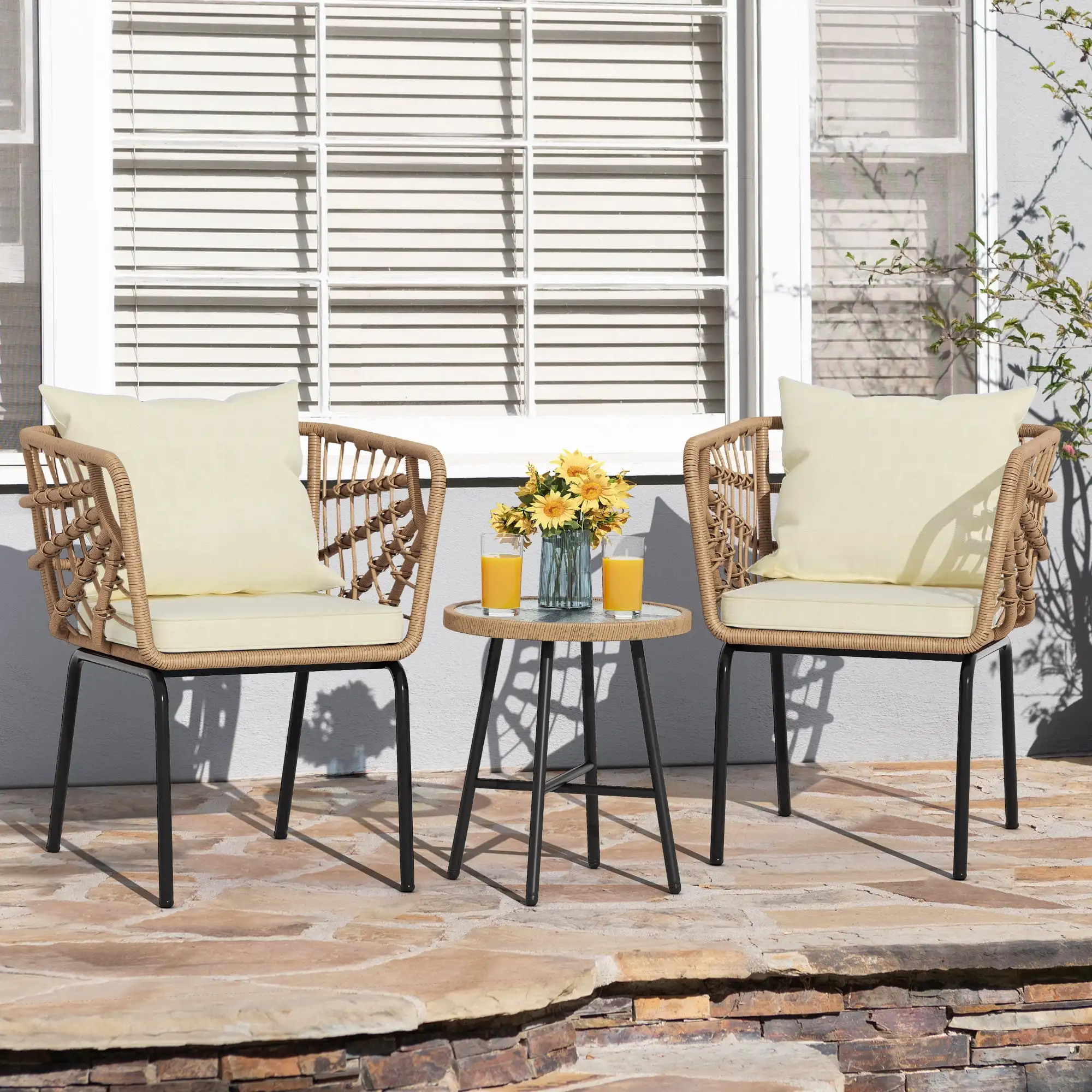 

3-Piece Outdoor Patio Furniture Wicker Bistro Set With 2 Chairs and Coffee Table,Cushions and Lumbar Pillows for Porch