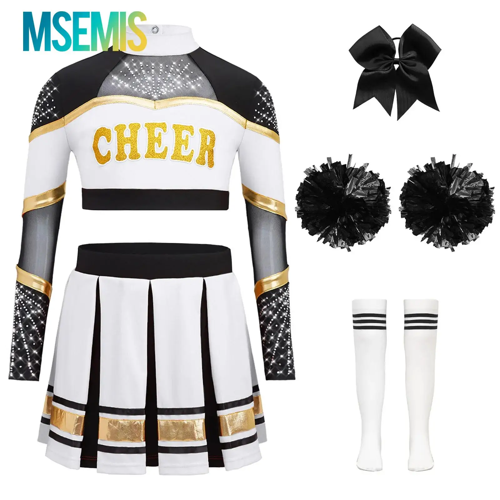 Kids Girls Cheerleader Costume Cheerleading Uniform Dance Outfits Long Sleeve Sheer Mesh Rhinestones Crop Top with Pleated Skirt