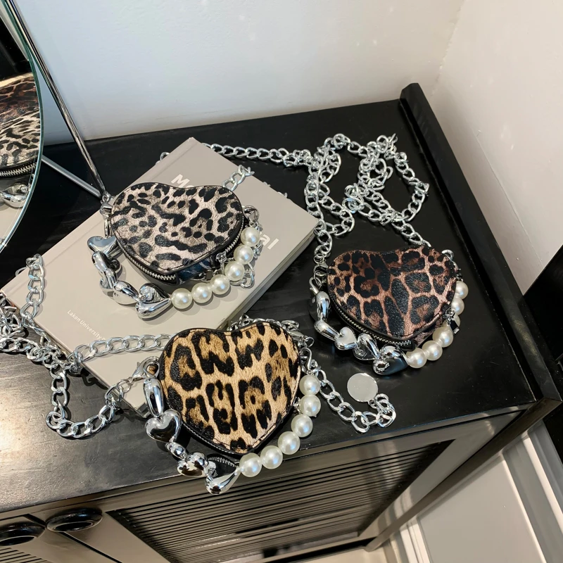 Heart Shaped Leopard PU Shoulder Bags Chains Beading Hot Girl Style Super Cool Crossbody Bags for Women Fashion