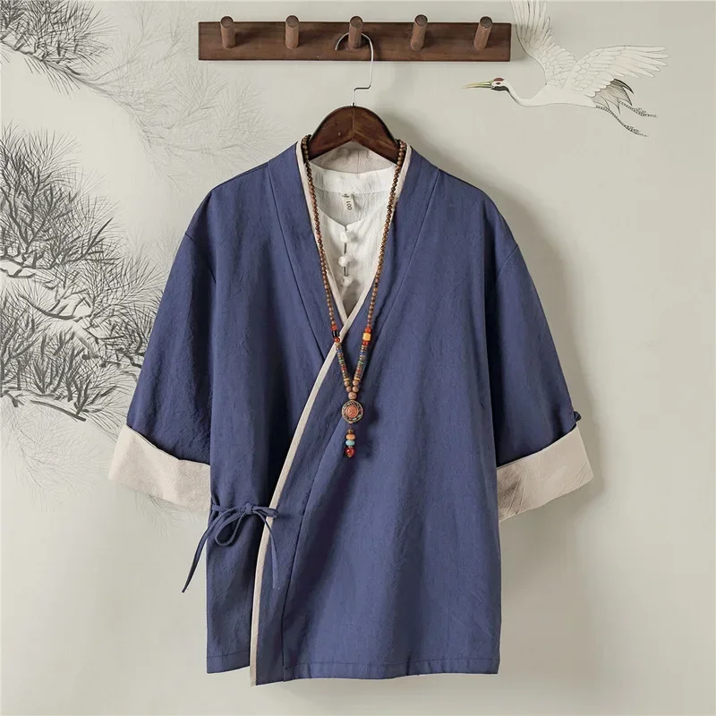 

Chinese Style Zen Tea Tee Shirt Retro Cotton Linen Top Kung Fu Blouse T-shirt Japanese Samurai Kimono Haori Cardigan Casual Coat