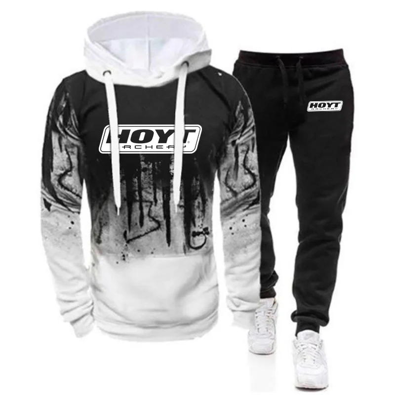 2023 Men New Hoyt Archery Autumn Printing Gradient Color Casual Comfortable Sporting Hip Hop Pullover Hoodie + Trousers Suits