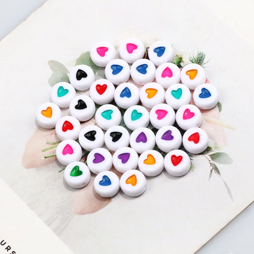 100Pcs 7mm White Multicolor Heart Pattern Acrylic Beads Flat Round Loose Spacer Beads For  Jewelry Making DIY Necklace Bracelet