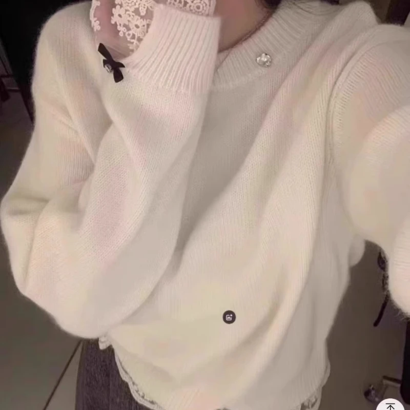 Autumn and Winter New Lace Splicing Women's O Neck Long-sleeved Sweater Women's Elegant Slim-fit Solid-color Pullover Knitwear