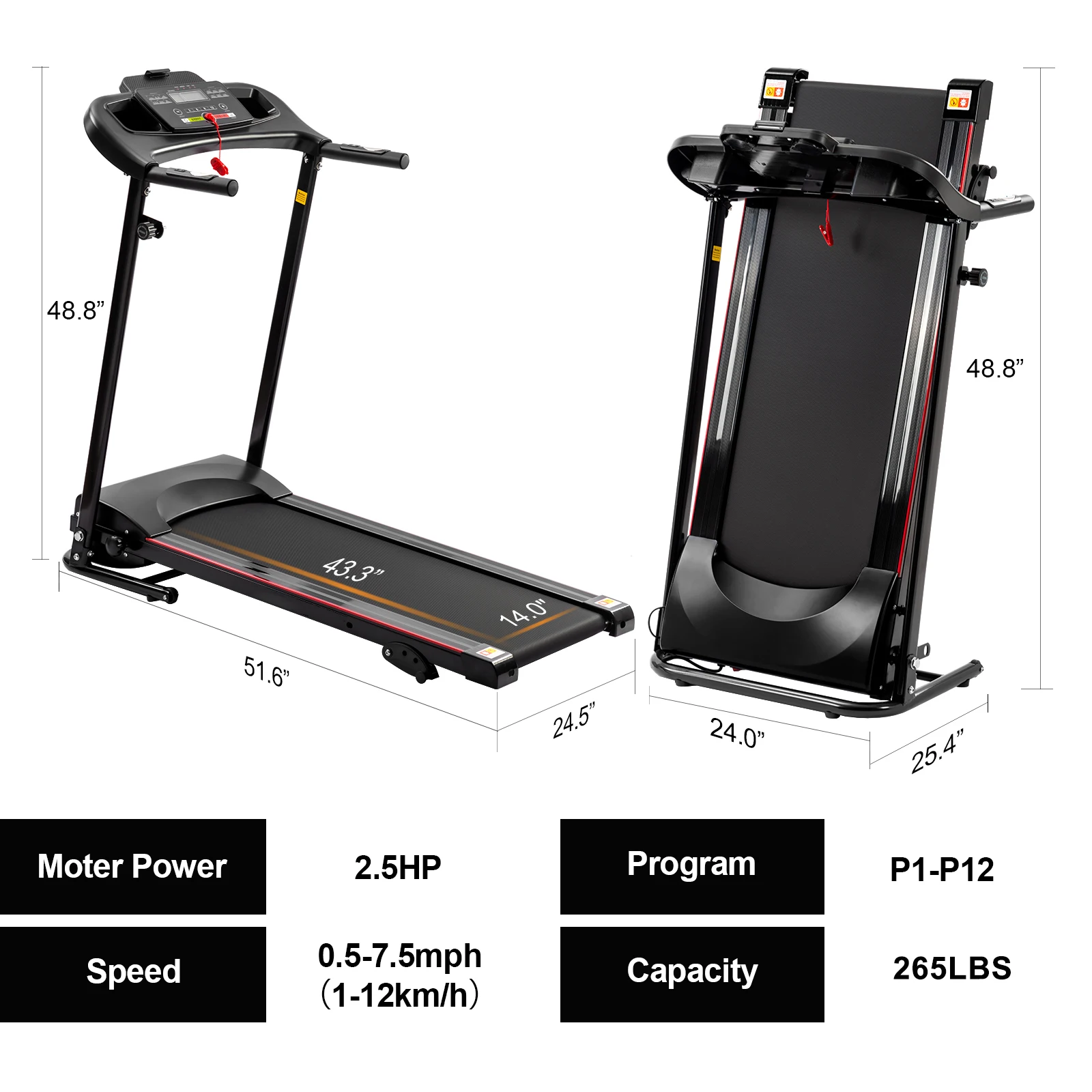Powerful Folding Treadmill for Home Gym-3-Level Incline, LCD Fitness Tracking, 12 Preset Programs, 265 lbs Capacity