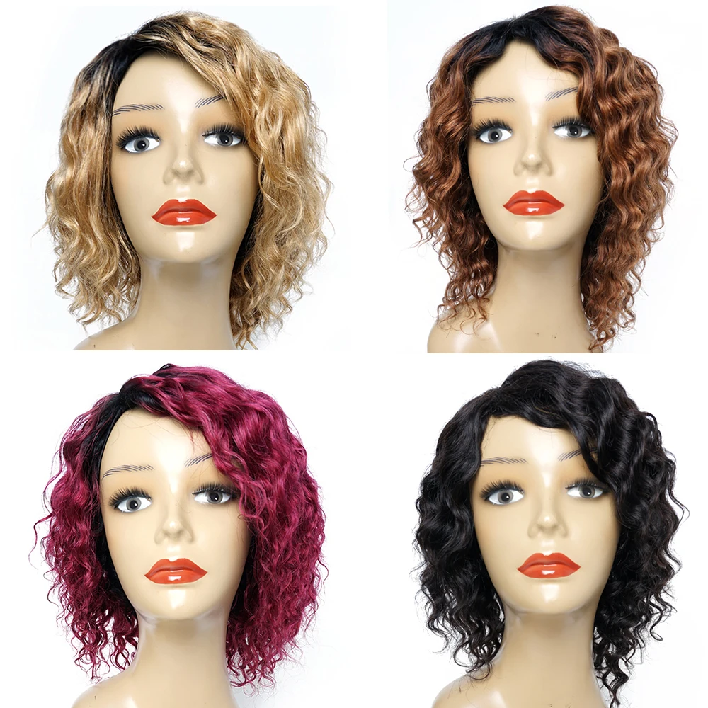 

Gemlong Glueless Wig Deep Wave Natural Color T1B27 T1B30 Burg Color Remy Brazilian Human Hair Wigs 10inch Machine Made Wigs