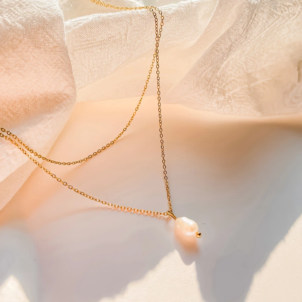 Minimalistische Süßwasserperlen-Halskette für Damen und Mädchen, 14 Karat vergoldeter Edelstahl, doppellagige Halskette, Hochzeitsschmuck – Detail 8