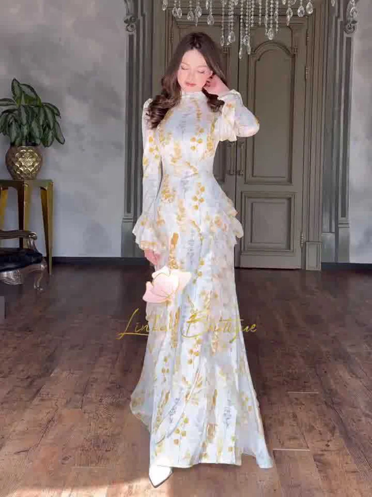 Fashion Printing Lace Up Long Dresses Spring Women Flare Sleeve Half High  Collar Dress Autumn High Waist Loose Knee Length Dress - AliExpress  200000345