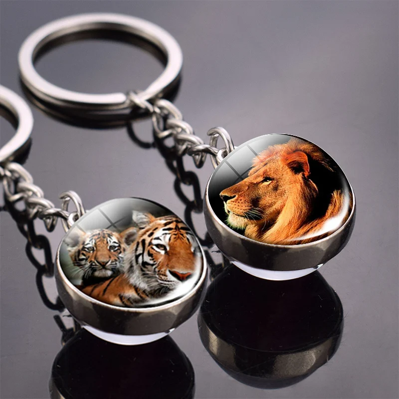Key Rings Key Chains Cat Keychain Animal Keychain Tiger Wolf Fox Lion Double Side Glass Ball Key Chain Black Cat Horse and Moon Key Ring Pendant Keyring