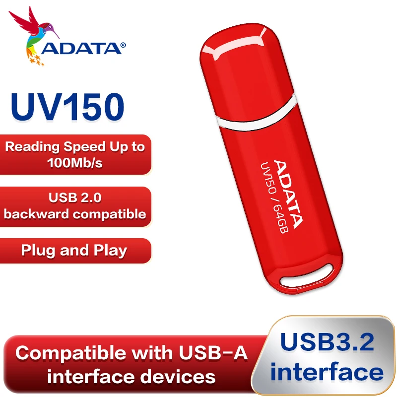 Adata-alta Velocidade Usb Flash Drive Uv150 Pen Drive Vermelho para Computador Disco u Usb 3.2 64gb 32gb Original