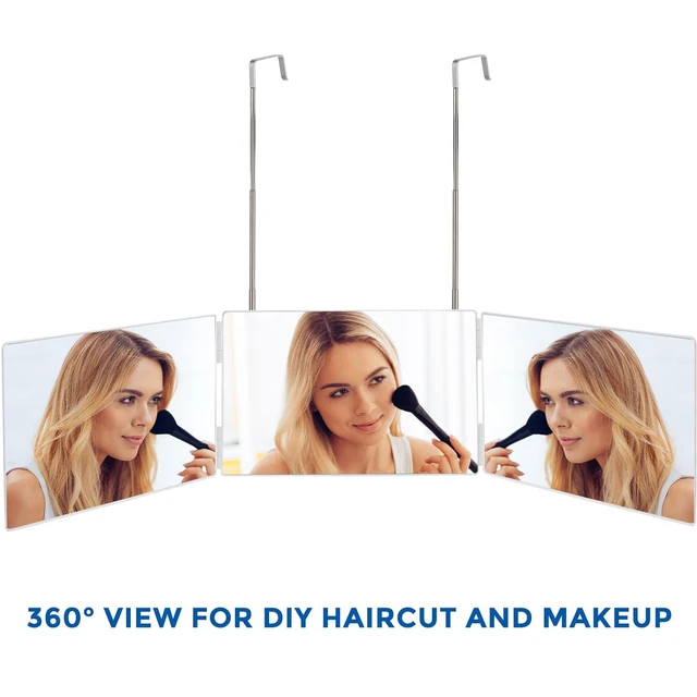 Miroir de rasage à trois volets avec crochets télescopiques réglables en hauteur pour couper les cheveux, maquillage essentiel, pliable, Portable, blanc 2