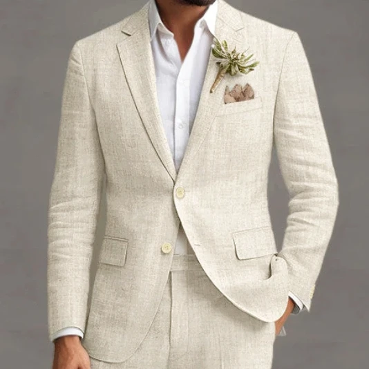 Grey Summer Linen Formal Wedding Elegant Men Suit Groom Tuxedo Slim Fit Blazer Hombre High Quality Custom 2 Piece Costume Homme