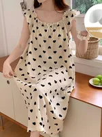 Summer Women's Cotton Gown with Chest Pad Heart Print Princ Sle Dr Large Size Spwear Sweet Home Clothes
