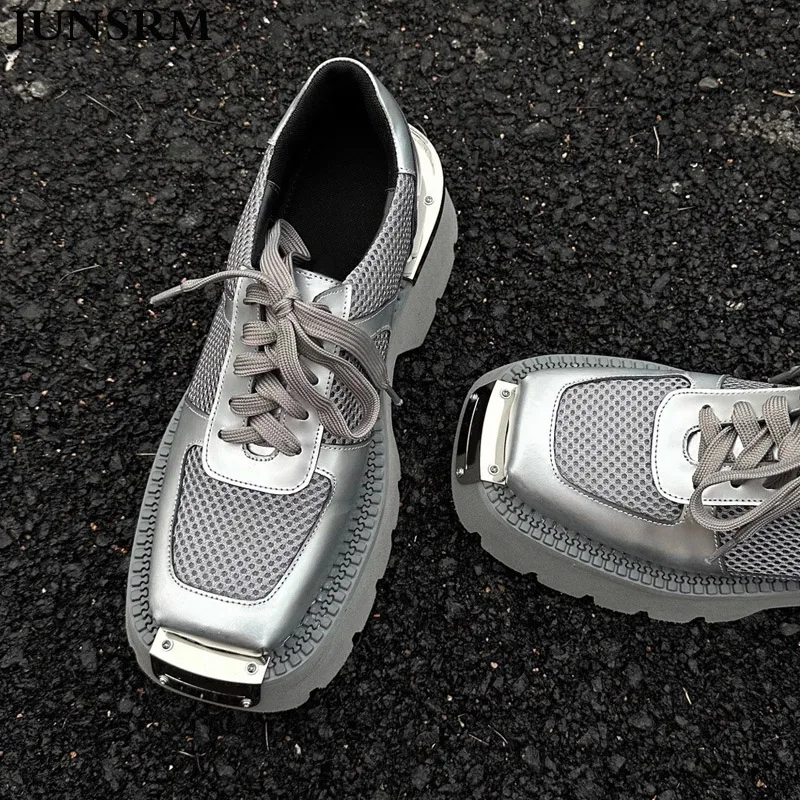 

Silver Square Head Leather Shoes Women Motorcycle Punk Lace-up Thick-soled Single Shoes Metal Decorative Lady Breathable Loafers