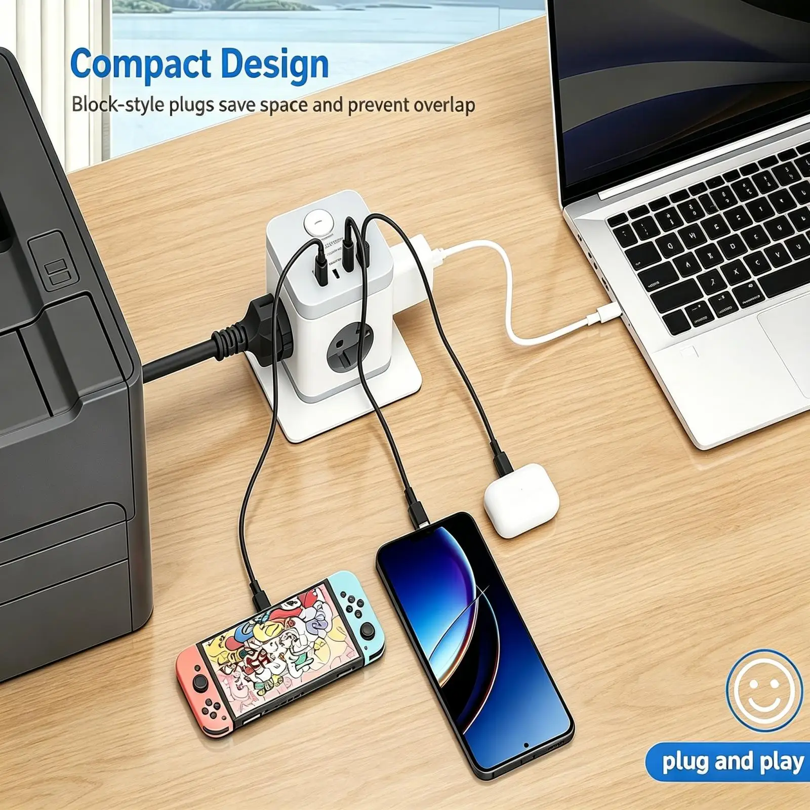 Universal Multi-Function Power Adapter with USB Ports - Compact Cube for International Travel and Home Use, White/Black