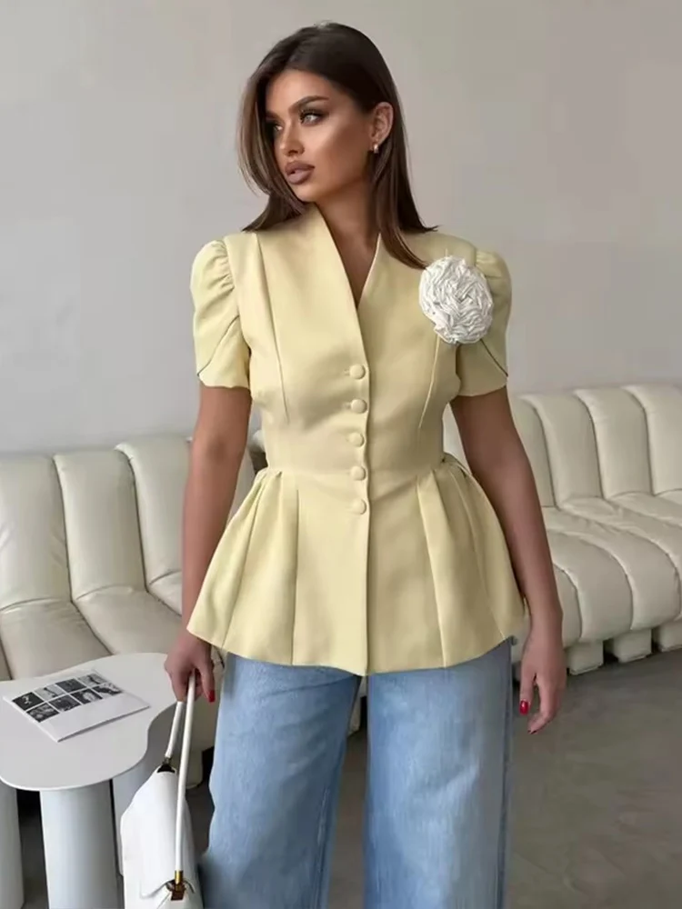 2025 Elegant Slim Ruffles 3D Flower Blazer Coat Women Summer Single Breasted Pleated Short Puff Sleeve Jacket Office