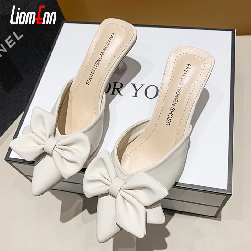 Summer Bow Thin Heel Mules Shoes Women 2024 Street Green Heeled Slippers Women Sandals Korean Sexy Elegant Pointed Toe Chic Shoe