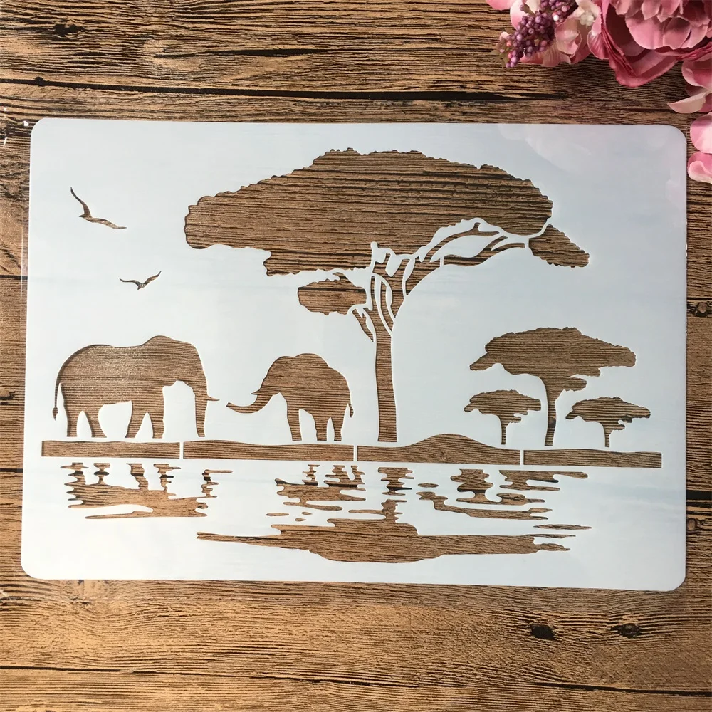 코끼리 야생 아프리카 DIY 레이어링 스텐실 벽 그림, 스크랩북 컬러링 엠보싱 앨범 장식 템플릿, A4 29x21cm