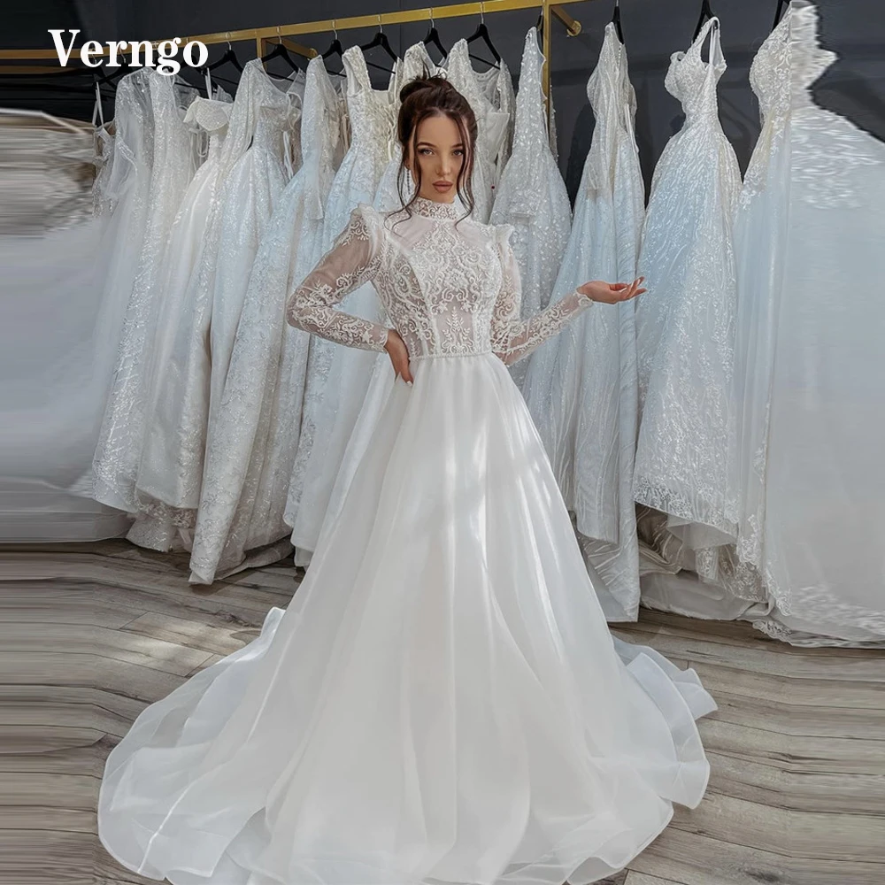 

Verngo Modest A Line Lace Boho Wedding Dresses Long Sleeves High Neck Organza Skirt Sweep Train Bride Dress Robe de Mariage