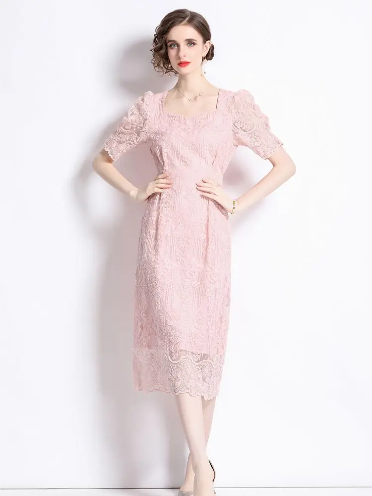 

Elegant Ladies Summer Dress Casual Square collar Short Sleeve Slim Floral Embroidery Organza Mid Vestidos De mujer Casual