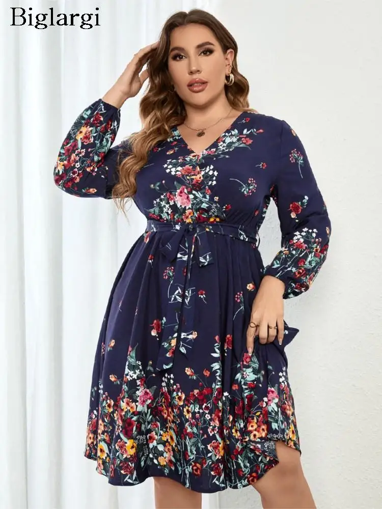 

Plus Size Summer Floral Midi Dress Women Long Sleeve Flower Print Casual Ladies Dresses Modis Pleated Woman Dress 2023