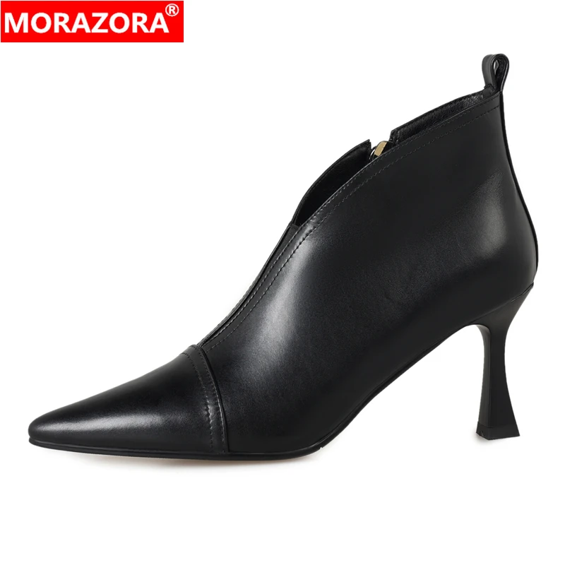 

MORAZORA 2024 New Genuine Leather Boots Women Pointed Toe Stiletto High Heels Autumn Winter Ankle Boots Fashion Ladies Booties