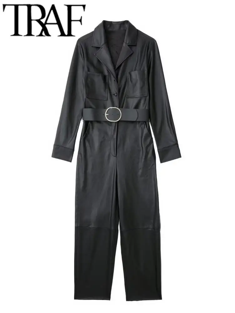 Traf 2022 Faux Leather Women's Jumpsuits Autumn Vintage Belt Front And