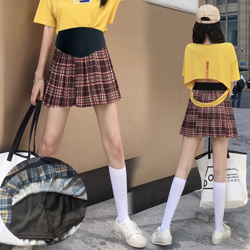 Korean Style Maternity Belly Skirts Preppy Style High Waist Pregnant Woman Pleated Plaid Skirts Pregnancy Empired Mini