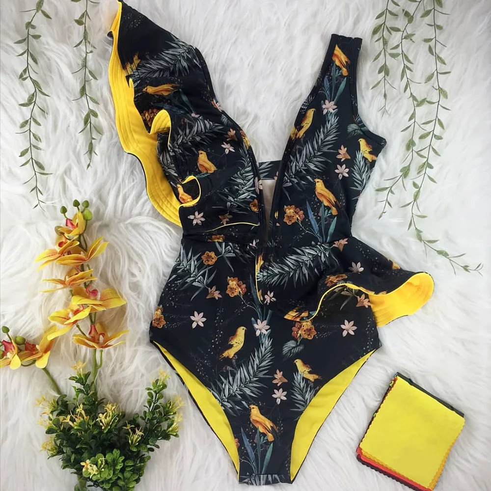 

2022 Printed Swimwear Deep V Neck Ruffled Swimwear Women's Push Up One Piece Swimsuit Beachwear Backless Single Bikini Monokini