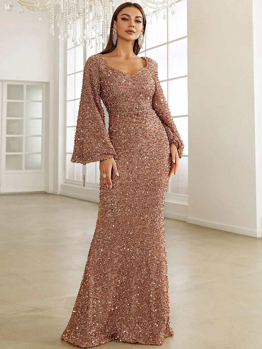 

2023 New Fashion V neck Wrap Hip Sequins Dress Gold Mid Waist Flare Sleeves Long Evening Dress for women elegant party