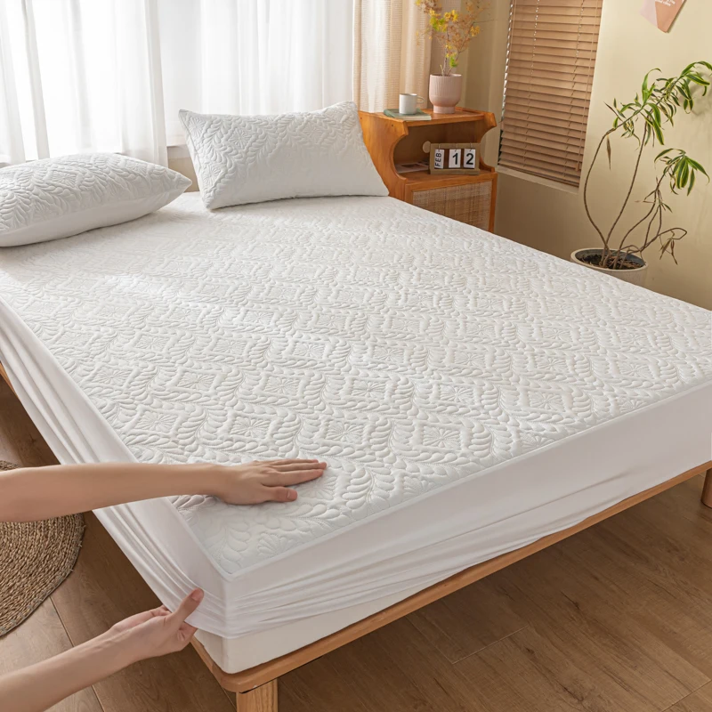 Washed Cotton Waterproof Padded Fitted Sheet 2025 Simple Solid Color Washed Cotton Waterproof Padded Fitted Sheet No Pillowcase Household Mattress Protective Cover