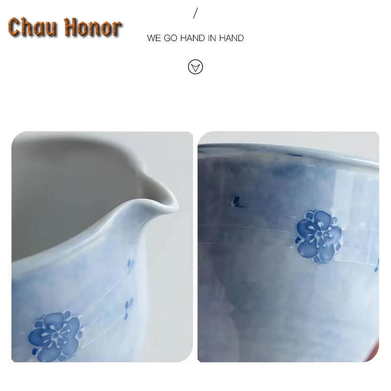 Pure Hand-painted Cherry Blossom Fog Blue Ceramic Fair Cup Household Tea Dispenser Single Chahai Fair Cup Kungfu Tea Ceremony