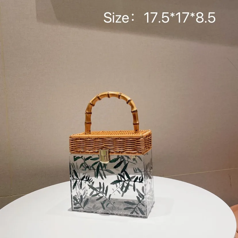 Clear Acrylic Box Bag Leaf Handbags Wicker Rattan Bags for Women