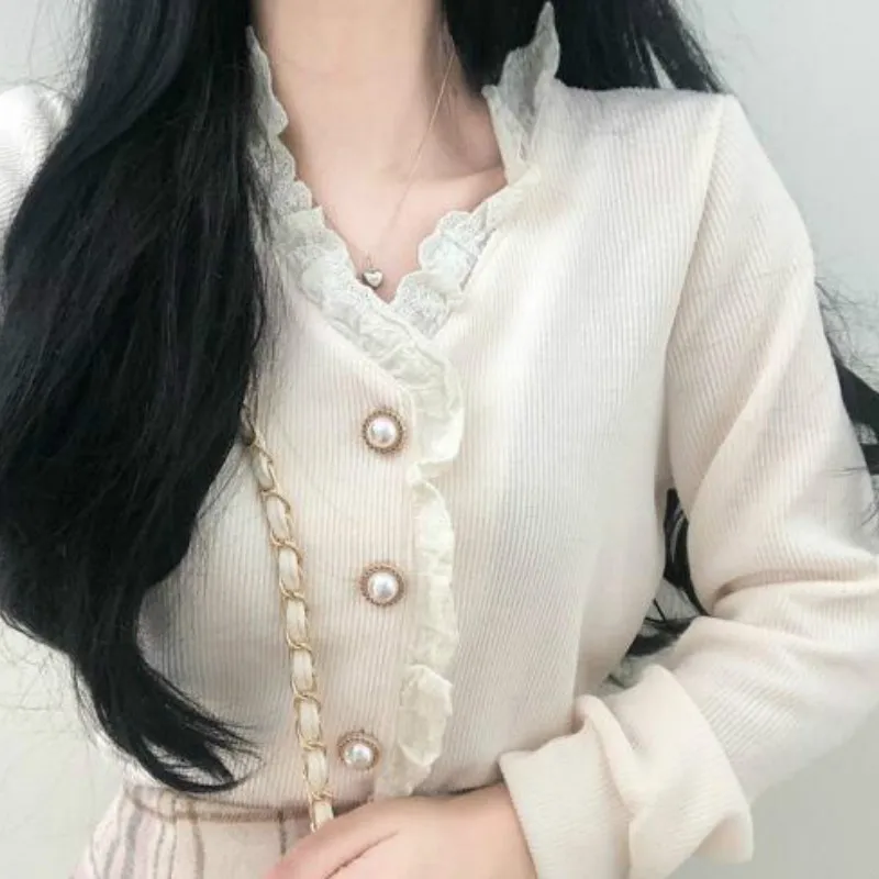 Autumn Spring 2023 Womens Tops Blouses Long Sleeve V-neck Lace Trim Single Breasted Korean Chic Ladies Blusas Vintage Vestidos