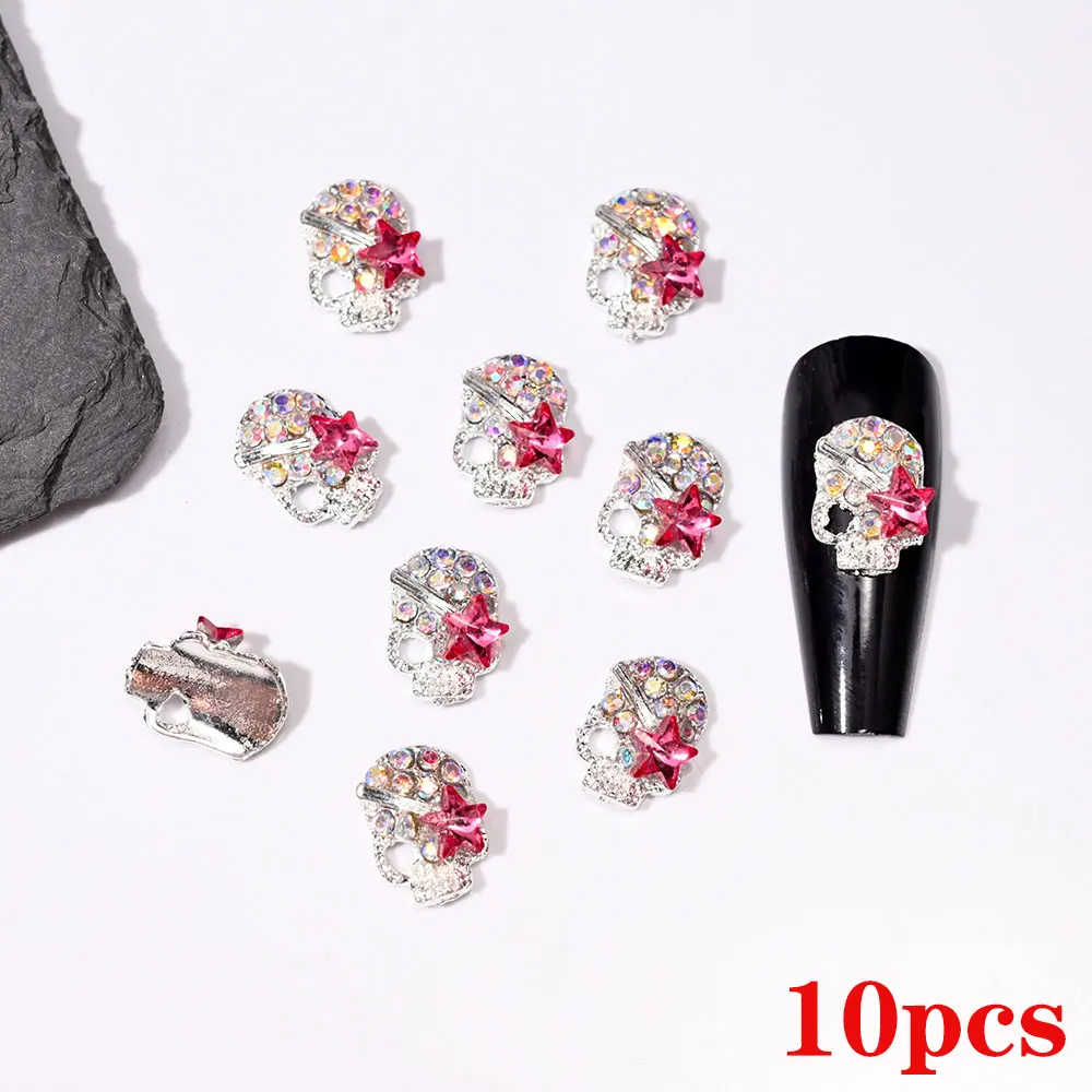 10pcs 반짝 이는 다이아몬드 금속 해골 네일 매력 3D 할로윈 네일 장식 고딕 펑크 레트로 합금 매니큐어 DIY 네일 쥬얼리 58
