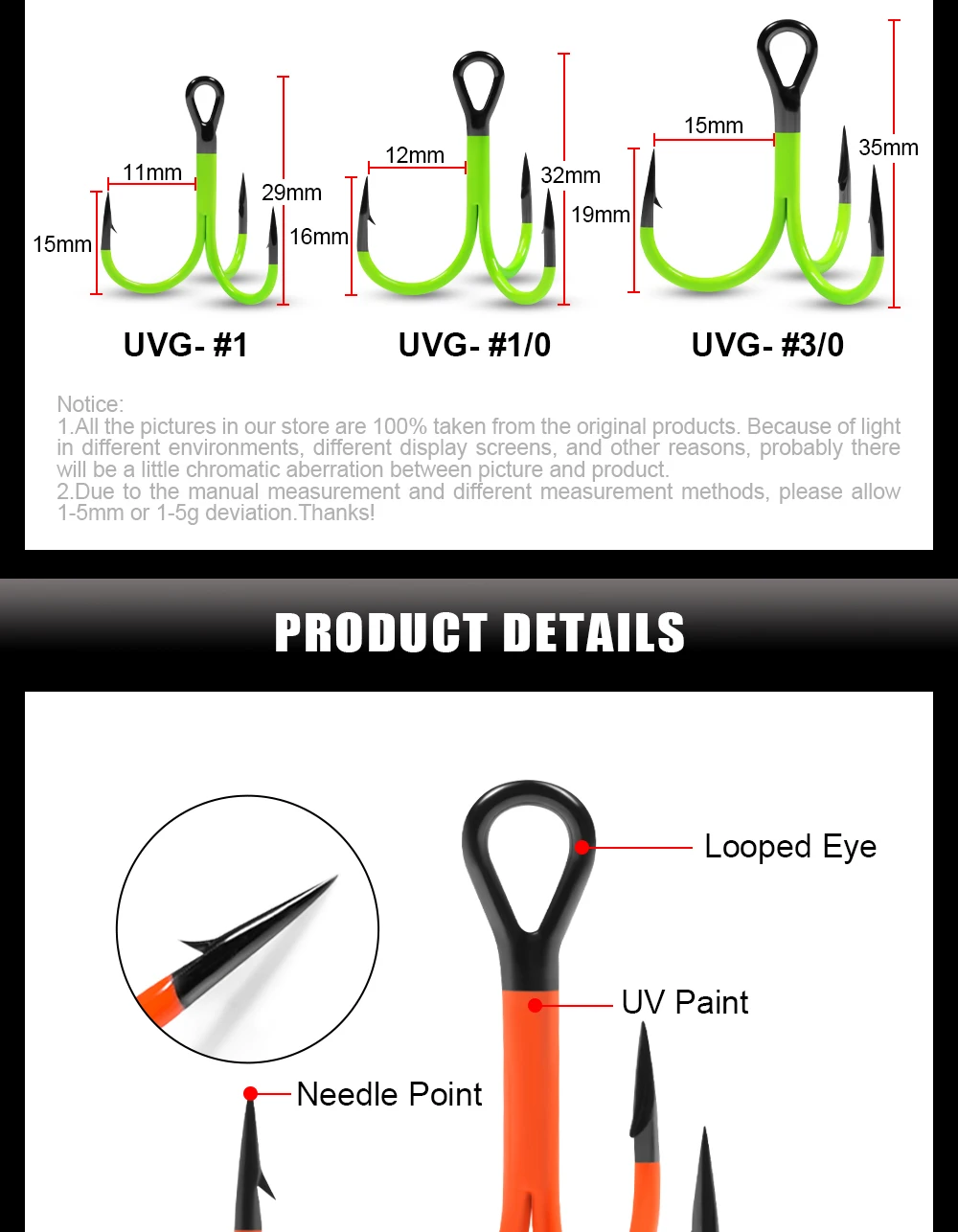 Description Picture 4 of itemSpinpoler UV Orange Lure Fishing Hook Super Strong Treble Fishhook #1 #1/0 #2/0 Carbon Steel Saltwater Bass Anticorrision Hooks