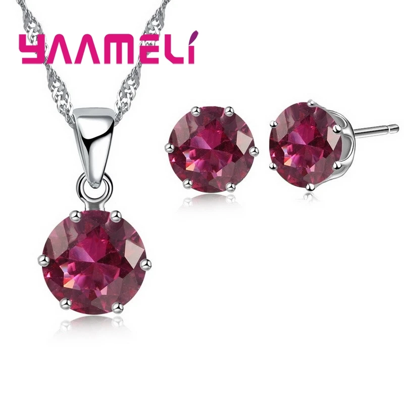 14 Colors 925 Sterling Silver Bridal Wedding Jewelry Sets For Women Engagement Crystal Pendant Necklace Stud Earrings Set 2