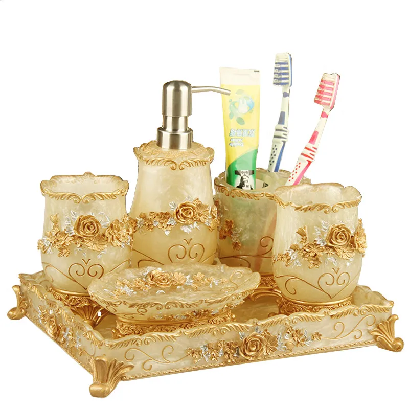 Resin Household Bathroom Set Soap Dispenser Tooth Brush Holder Cup Soap Dish Tray Toilet Brush toilet Storage Set