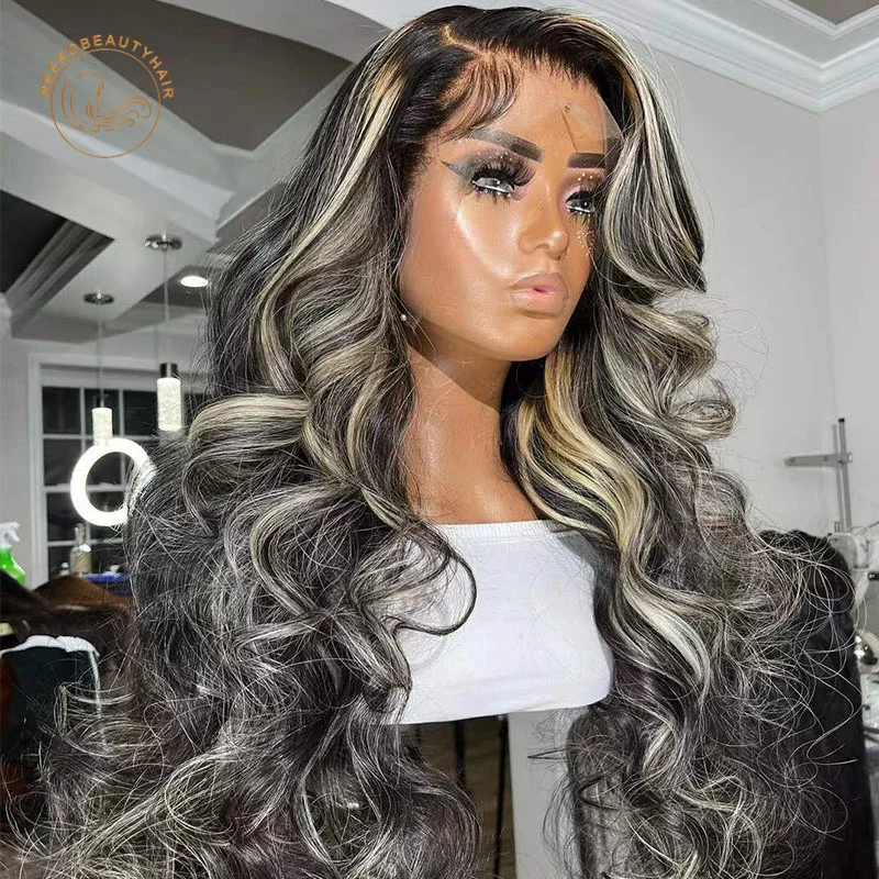 Lace Frontal Wigs Black Grey Highlight Wig Wavy 13X4 Lace Front Wig Highlight Blonde Colored Human Hair Wigs Closure Wig